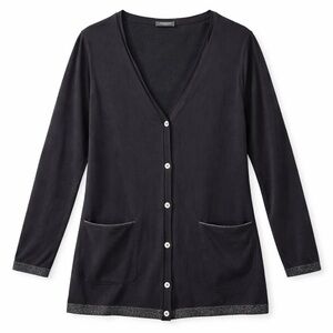 Lafayette 148 New York Womens Black Semi-Sheer V-Neck Button Cardigan Sweater XL